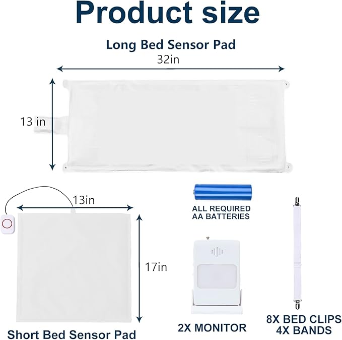 Bed Alarm for Elderly Adults & Chair Alarm Set with Sensor Pad - Fall Prevention Alert System for Seniors, Dementia Patients, Alzheimer Care - Adjustable Volume Caregiver Monitor