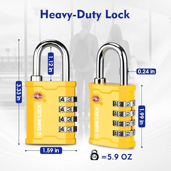 SURE LOCK TSA Accepted 4 Dig Heavy Duty Big Combination Luggage Padlock All Metal Travel Lock for Equipment Hard Case Luggage Gun Case Gym Locker Pelican Vault Lock (2, Yellow)