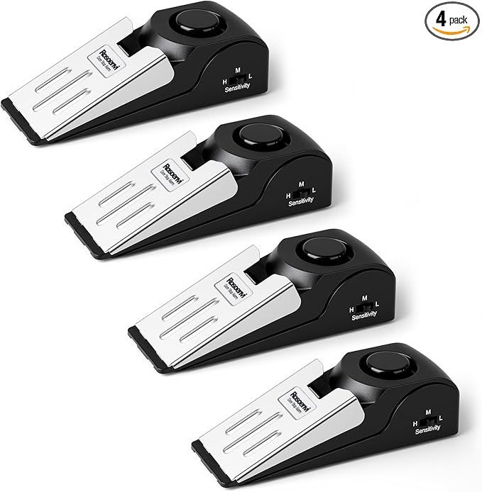 4 Pack Door Stop Alarm, Door Stopper with 120DB Security Alarm, Floor Wedge Door Stop Siren, Door Security Devices for Traveling, Apartment, Hotel and Home, Black