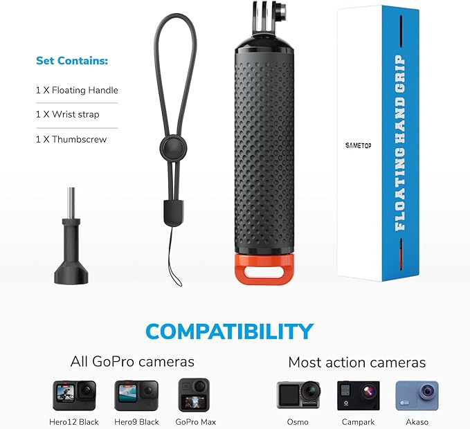 Floating Handle Grip Floaty Stick Waterproof Handler Accessory Compatible with GoPro Hero 13, 12, 11, 10, 9, 8, 7, 6, 5, 4, Session, 3+, 3, Hero(2018), Max, DJI Osmo Action Cameras (Orange)