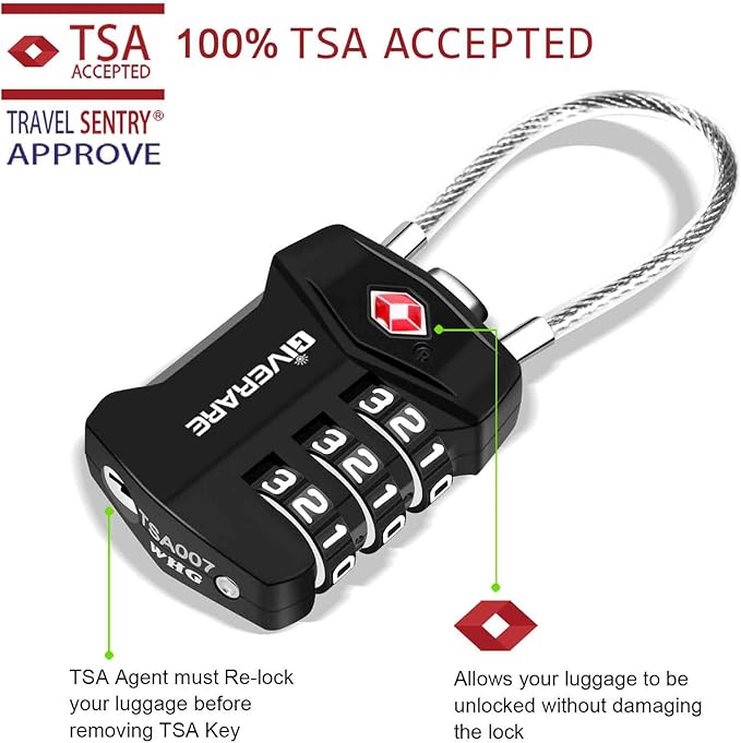 2 Pack TSA Approved Travel Luggage Locks, Cable Combination Lock Alloy, Metal Keyless 3-Digit Padlocks, Weatherproof TSA Accepted Padlock for Gym Locker, Golf Bag Case, Backpack, Black-by GIVERARE
