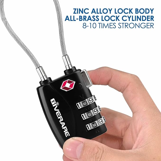 2 Pack TSA Approved Travel Luggage Locks, Long Cable Combination Lock Alloy, Metal Keyless 3-Digit Padlocks, Weatherproof TSA Accepted Padlock for Toolbox Gym Locker Golf Bag Case Backpack-Black
