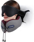 Travel Pillow, Neck Pillow Airplane with 3D Eye Mask & Seat Strap for Long Flight Sleep Road Trip, Dual-Density Supportive Foam, 360°Support Head, Neck & Chin Travel Essentials Grey & Red