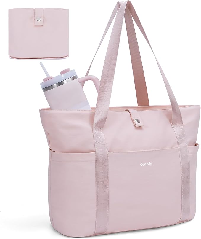 Ceneda Foldable Tote Bag for Women, Lightweight Work Bag with Dual Inner Cup Holders, Daily Handbag for Travel, Gym, Grocery | 40oz Tumbler Holder, Well-organized, Portable, Durable, 21L Large Capacity, Beach/Shopping/Trips, Ideal Gift for Her