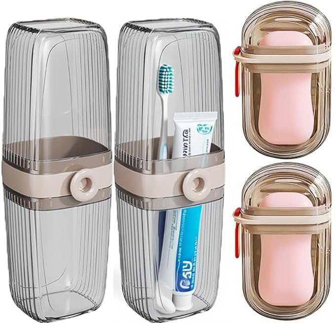 4 Pack Travel Soap Case and Toothbrush Travel Case Portable Soap Holder Toothbrush Holder with Cover Leakproof Soap Container for Trip Bathroom Camping Gym Outdoor (clear grey)