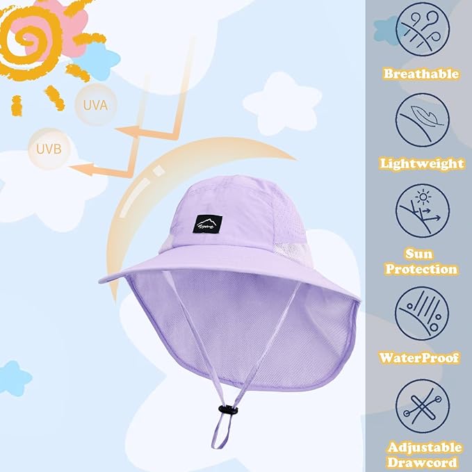 Outdoor Kids Sun Hat with Neck Flap UPF 50+ Quick Dry Beach Hats for Baby Boys Girls Age 2-12 Years Adjustable