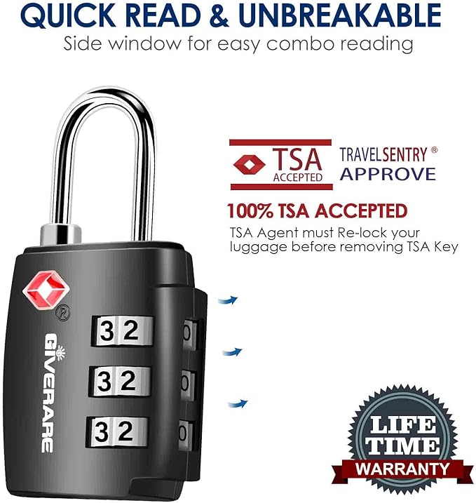 4 Pack TSA Approved Travel Luggage Locks, Combination Lock Alloy Body, Metal Keyless 3-Digit Padlocks, TSA Accepted Compatible Padlock for Gym Locker, Golf Bag Case, Backpack, Black-by GIVERARE