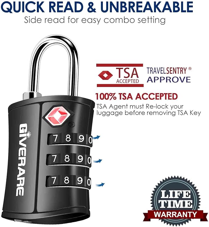4 Pack TSA Approved Travel Luggage Locks, Combination Lock Keyless, 3-Digit Padlocks, Travel Sentry Accepted Compatible Padlock for Gym Locker, Golf Bag Case, Backpack, Black-by GIVERARE