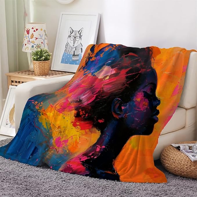African Blanket Twin Size, Fleece Blanket for Couch Bed Sofa, Woman Exotic Blankets and Throws, Hippie Art Super Soft Cozy Plush Flannel Blanket, 60 x 80 in, Watercolor Abstract