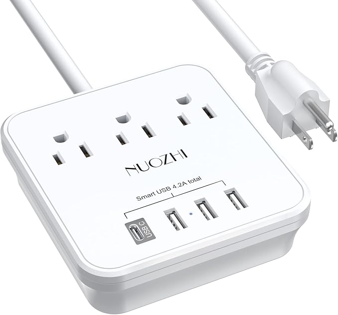 Cruise Essentials, NUOZHI 6 Ft Power Strip with 3 Outlets and 4 USB Ports(1 USB C), Non Surge Protector for Cruise Ship, Travel, Home Office, ETL Listed, White