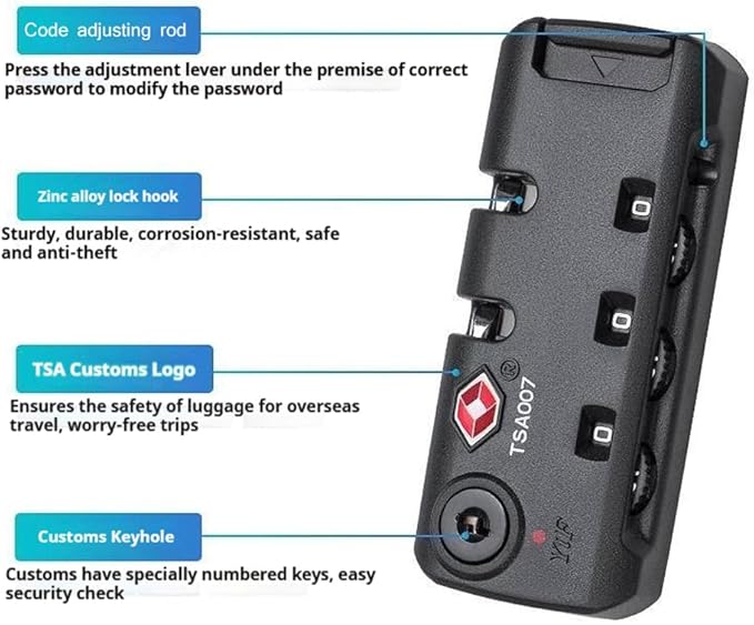Travel Zipper TSA 007 Approved Luggage Code Lock, Backpack Anti Theft 3 Digit Combination Lock