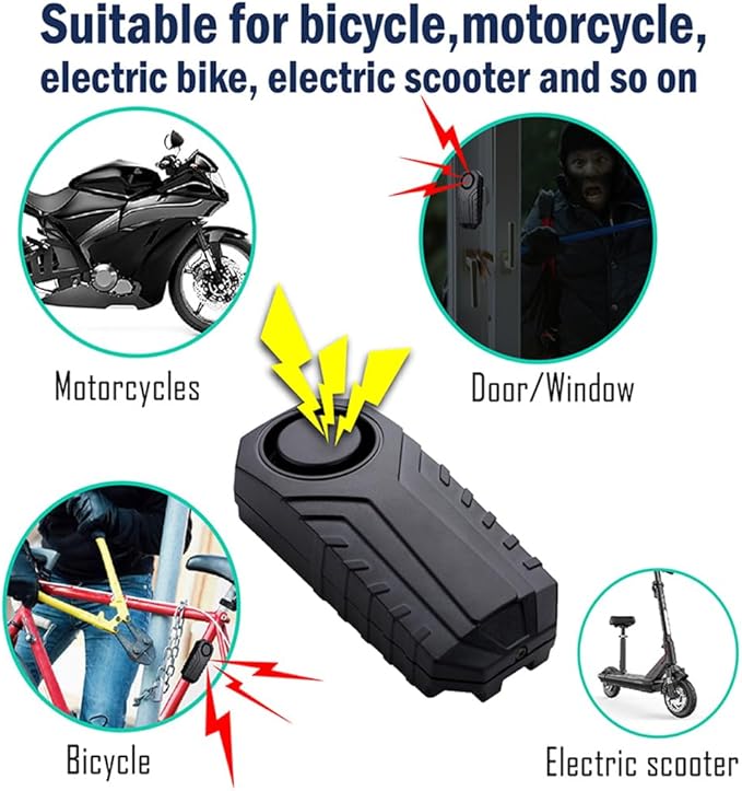 Bike Burglar Alarm Anti Theft, Wireless Motorcycle Vibration Triggered Sensing Alarm Horn with Remote Controller & SOS, Waterproof Door Siren for Bicycle E-Bike Scooter