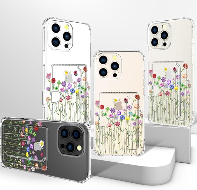 Compatible with iPhone 16 Pro Case Card Holder for Women Cute Design,Wallet Phone Cases Transparent Cool Kawaii Protective (Clear Flower Floral Bouquet)