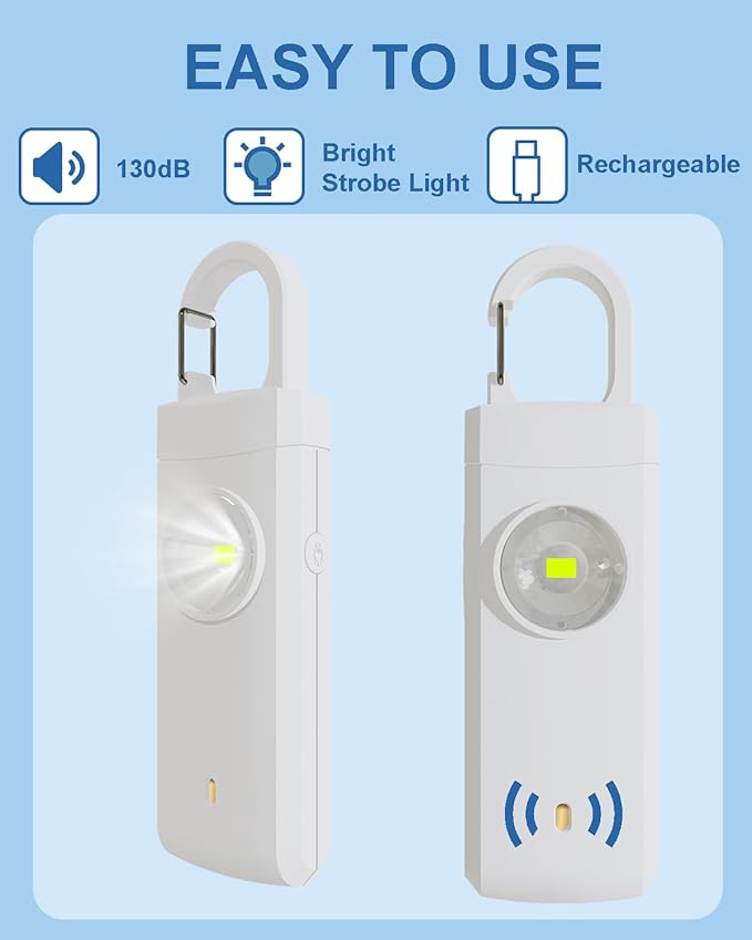 Rechargeable Personal Safety Alarm for Women, Loud Siren Birdie Sound, Strobe SOS LED Light, USB Charging, Be Safe with Personal Alarm Self Defense Keychain for Wife, Daughter, Student, White