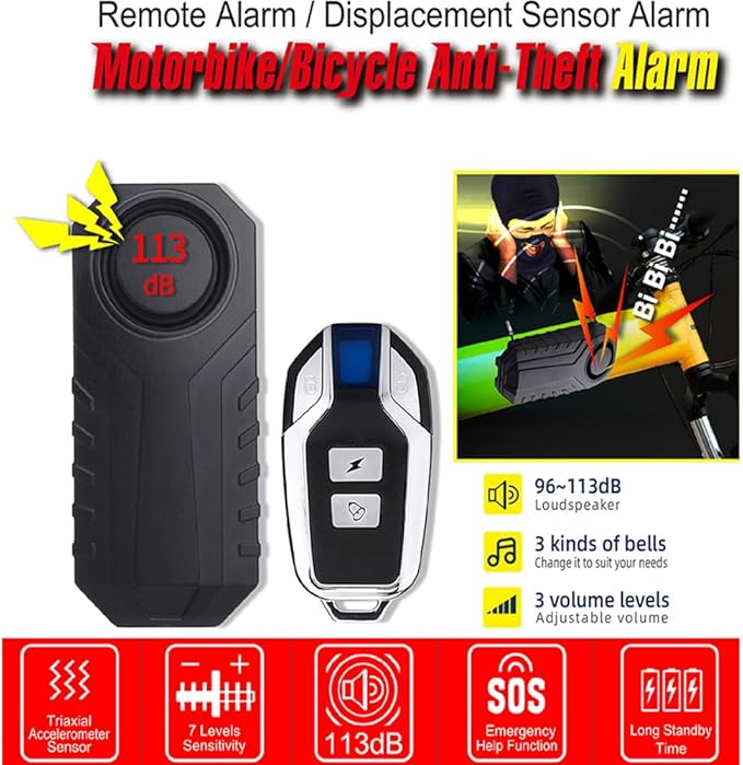 Bike Burglar Alarm Anti Theft, Wireless Motorcycle Vibration Triggered Sensing Alarm Horn with Remote Controller & SOS, Waterproof Door Siren for Bicycle E-Bike Scooter