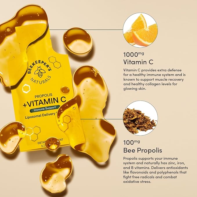 Propolis Liposomal Vitamin C by Beekeeper's Naturals, 1000mg Vitamin C, Propolis & Organic Honey, Supercharged Immune Support & Increased Bioavailibity for Max Absorption, 30 Ct