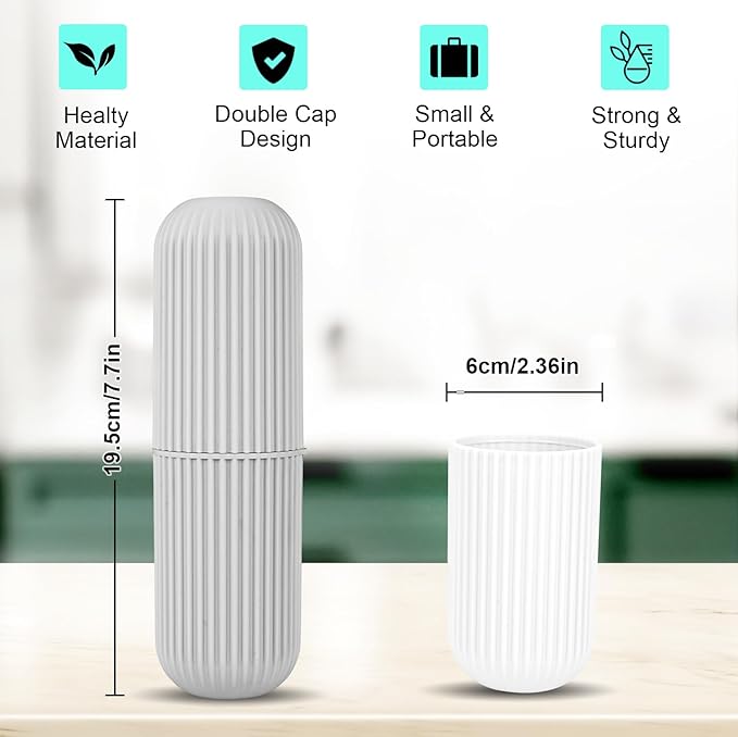 UCEC Toothbrush Case for Traveling, Portable Toothbrush Holders Travel Case, 7.7" x 2.36" x 2.36" Toothbrush Holders for Soft Toothbrush Up To 7.4 inch, 2 Pack (Grey, White)