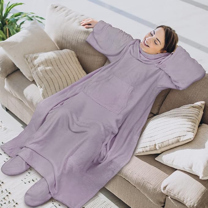 PAVILIA Fleece Blanket with Sleeves, Foot Pockets for Women Men Adults, Plush Wearable Blanket Throw Wrap, Warm Snuggle Blanket Robe, Cozy Gift Ideas for Wife Mom, Light Purple