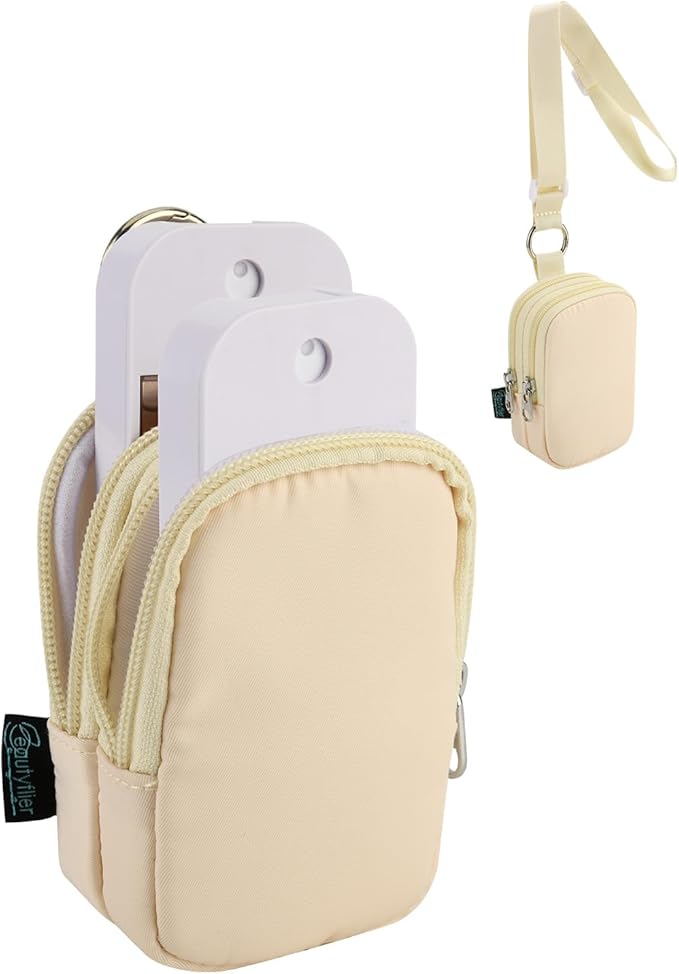 Beautyflier Double Pockets Hand Sanitizer Spray Case for Touchland Power Mist and Glow Mist 1FL OZ, Zipper Pouch for Hand Sanitizer Spray Bottle, with Extra Removable Neck Strap, Fits Travel (Beige)