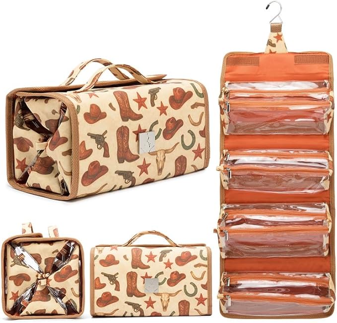 ROYALFAIR Roll Up Makeup Bag, Travel Toiletry Bag for Women with 4 Clear TSA Approved Pouches, Hanging Travel Organizer, Folding Cosmetic Bag for Men and Women