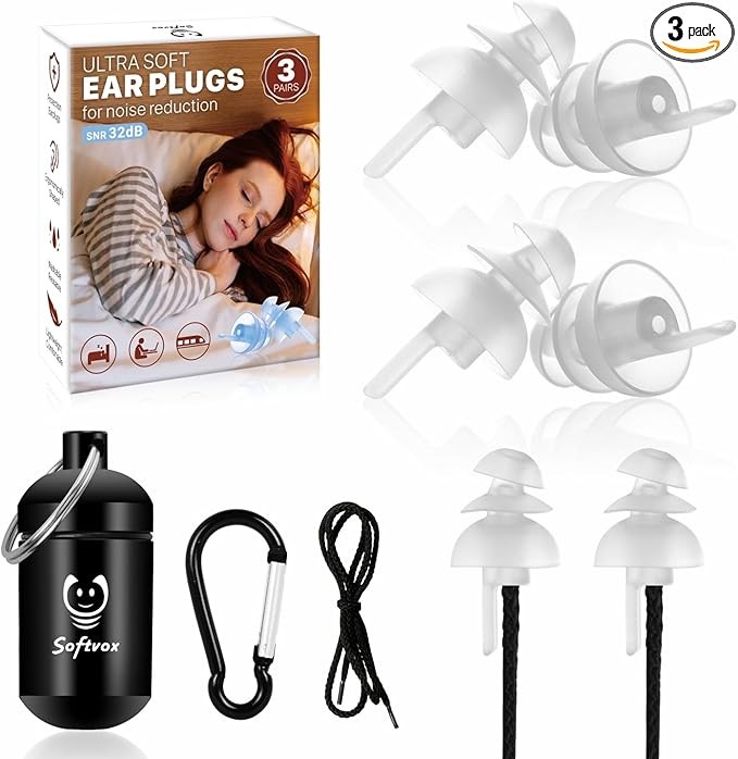 Sleeping Ear Plugs 3 Pairs, Noise Cancelling Earplugs for Side Sleeper Study Travel Working Block Snoring, Reusable Soft Silicone Earbuds for Misophonia, Tinnitus,Sensitivity, White