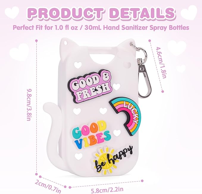 Silicone Case Holder Compatible with Hand Sanitizer Spray Touchland 1 fl oz, Cute Cat Ear Protective Case with Keychain & 4 Decorative Charms (White, 1P)