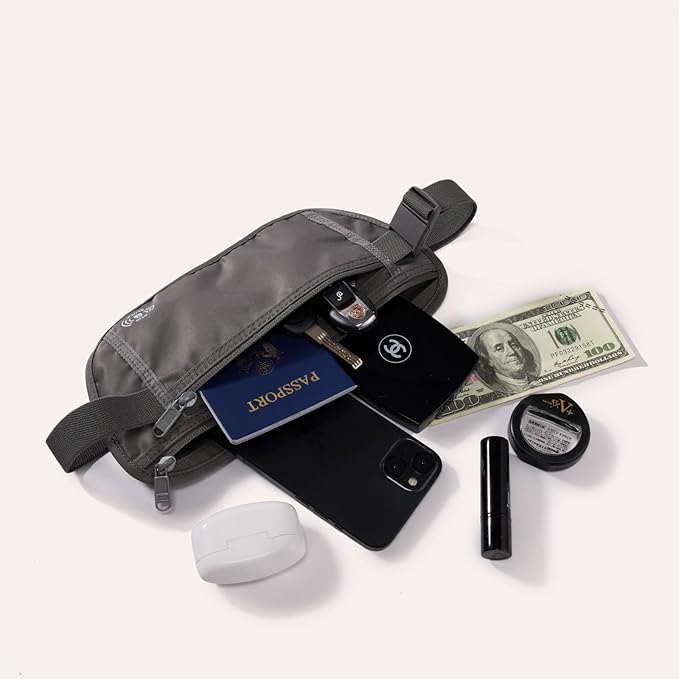 Pander RFID Blocking Travel Money Belt – Hidden Waist Pouch for Passport, Cash, Cards, Slim Belt Bag for Men and Women, Dim Grey