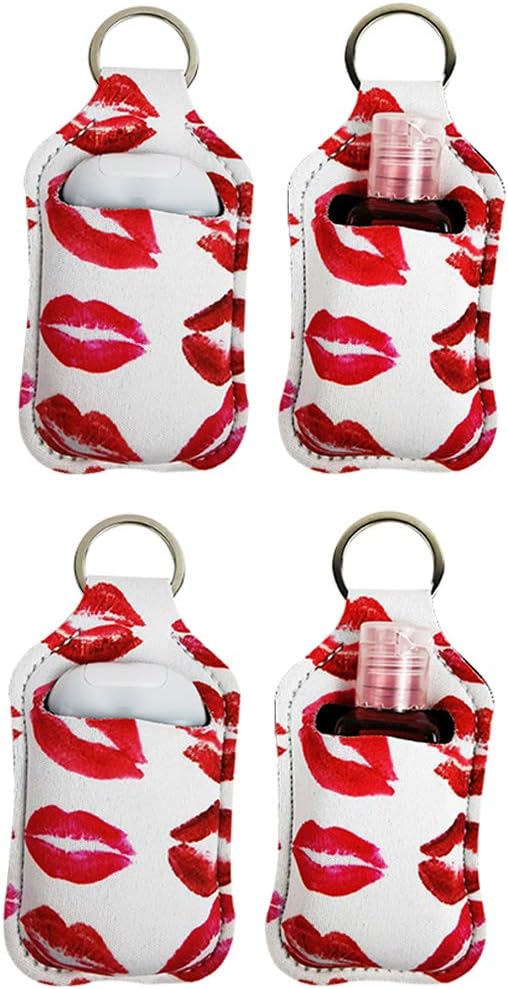 4 Piece Hand Sanitizer Bottle Holder Keyring Neoprene Keychain for 30ML Gym Shampoo Lotion Soap Perfume and Liquids Travel Containers,Lips