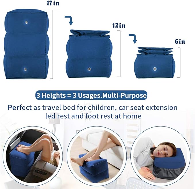 ZIQIAN Inflatable Travel Foot Rest Pillow Portable Adjustable Three Layers Height Foot Stool for Airplanes, Cars, Home, Trains, Office to Lay Down or Sleep on Long Flights with Pump（Blue 1PACK）