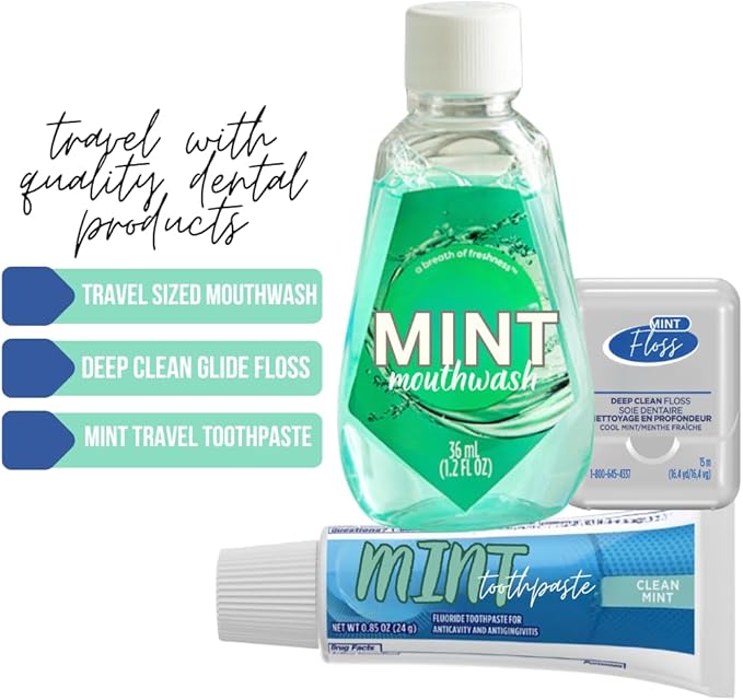 Dental Travel Kit with Toothbrush, Travel Sized Toothpaste, Mouthwash and Floss in a Reusable Zipper Pouch (TSA Approved)