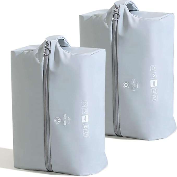 tianzong 2 Pack Double-Layer Fabric Wide-Opening Waterproof Travel Shoe Bag with Comfortable Handle (Bluish Grey)