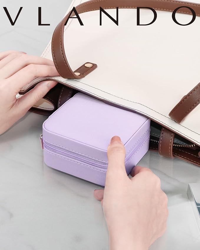 VLANDO Small Travel Jewelry Box Organizer - Girls Women Gift Rings Earrings Necklaces Jewelry Storage Display Case with Mirror Purple