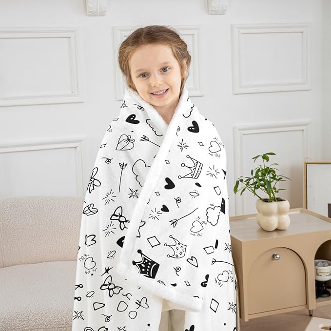 Cartoon Crowns Kids Throw Blanket,Bowknot Diamond Cute Bed Blanket for Girls Boys Adults,Starry Sky Romantic Fleece Blanket,Black White Unique Fuzzy Blanket,Twin Size (60 x 80 Inches)