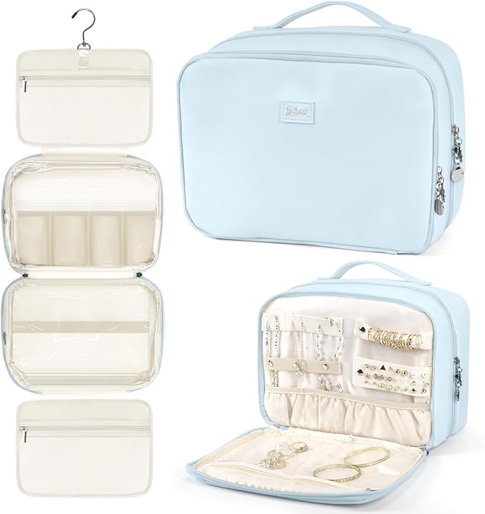 YOPCDJ Hanging Toiletry Bag with Jewelry Organizer,Travel Bag for Toiletries,PU Leather Cosmetic Bags for Women Make Up Organizer with 4 Compartments Waterproof Portable Travel Essentials