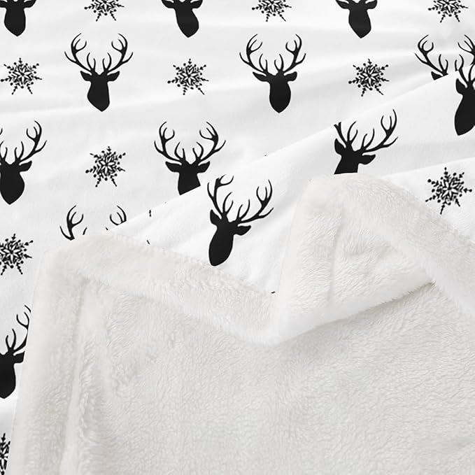 Deer Antlers Kids Throw Blanket,Snowflake Merry Christmas Xmas Bed Blanket for Girls Boys Adults,Rustic Farmhouse Fleece Blanket,Black White Chic Fuzzy Blanket,40 x 50 Inches