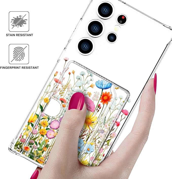 Compatible with Samsung Galaxy S24 Ultra Case Card Holder for Women Cute Design,Wallet Phone Cases Transparent Cool Kawaii Protective (Clear Flowers Herbs Wild Plants)