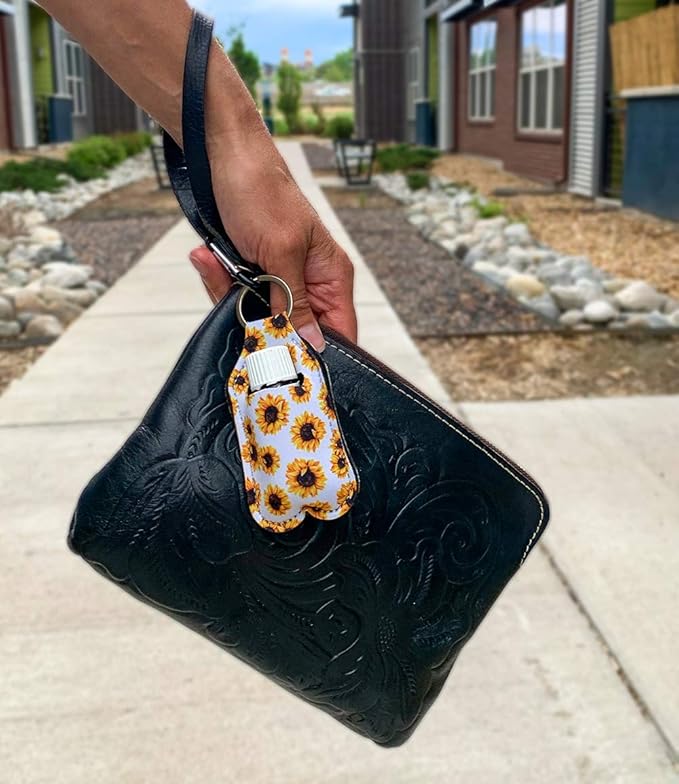 Hand Sanitizer Holder - 1 oz Travel Size Hand Sanitizer Keychain Holder, Attaches Easily with Key Ring and Carabiner Clip Sunflower Leopard