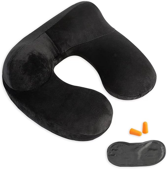 Inflatable Travel Pillow, Neck Pillow Support for Traveling, Airplanes, Cars, and Offices with Compact Carrying Bag, Soft Velvet Washable Cover, Ideal for Adult Sleepers (Black)