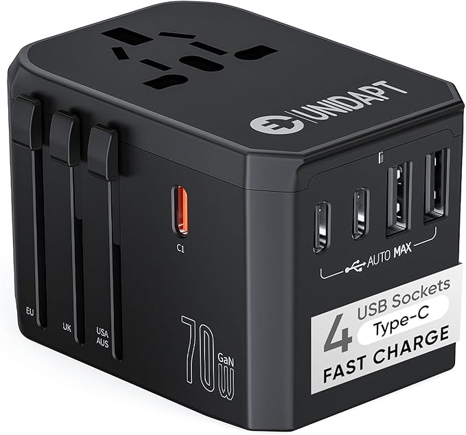 Unidapt Universal Travel Adapter, 70W International Plug Adapter with 3 USB-C PD Fast Charging & 2 USB-A Quick Charger Worldwide Adaptor for USA EU UK AUS Black (JY305-MAX)