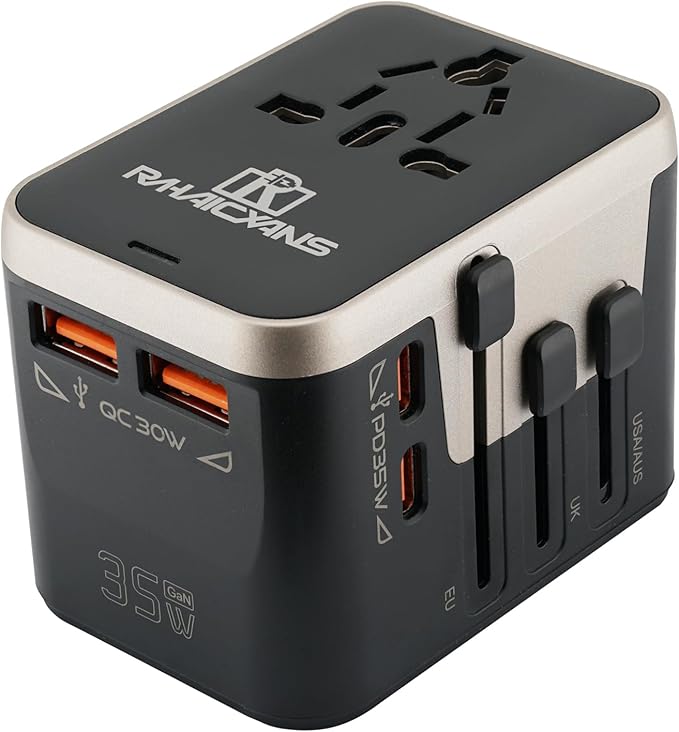35W Worldwide Travel Adapter, 4-in-1 International power adapter with 2 USB-C & 2 USB-A Ports, All-in-One AC Outlet for US/EU/UK/AUS/Asia - Fast Charging Travel Plug Adapter (Black)