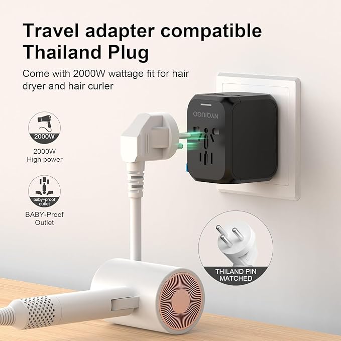 NYQIUGO Universal International Power Travel Plug Adapter with 3 USB Ports (1 USB C), Worldwide Plug Adaptor Wall Charger for USA to Europe UK France Germany Spain Ireland Australia (Type C/G/A/I)