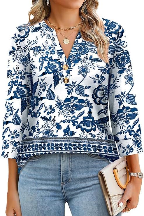 OFEEFAN Womens Tops 3/4 Sleeve Henley Shirts for Women Summer Outfits Fashion Clothing