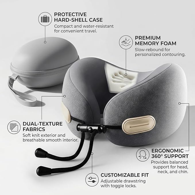 Travel Neck Pillow with Storage Case, 100% Pure Memory Foam, Airplane Head Support for Flight Sleeping, Portable, Gray
