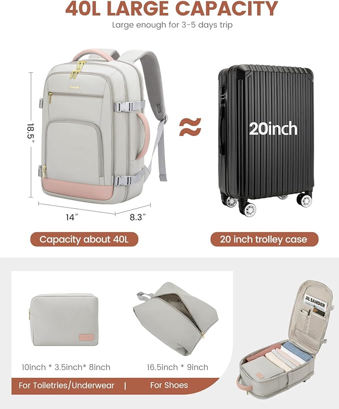 LOVEVOOK Carry On Travel Backpack For Women Flight Approved, 40L Large Personal Item Backpack Travel Bag for Airplanes, Business 17 Inch Laptop Backpack, Weekender Overnight Daypack, With 2 Cubes
