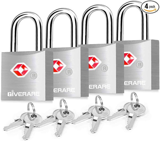 4 Pack TSA Approved Travel Luggage Locks with Keys, Aluminum Alloy Keyed Padlock, Small Metal Suitcase Lock, Weatherproof Padlocks for Backpack, Gym Locker, Bag, Case, Jewelry Box, Anti Theft-Silver