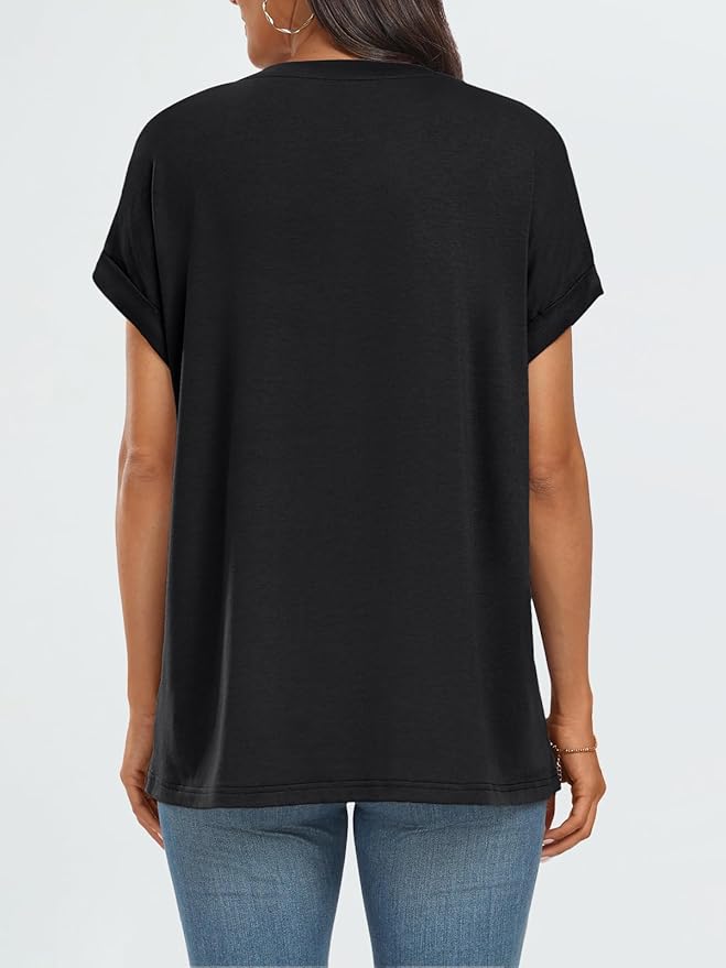 AUTOMET Women's Oversized Short Sleeve T Shirts Casual Drop Shoulder Rolled Cuff Summer Tops for Work, Travel and Lounge