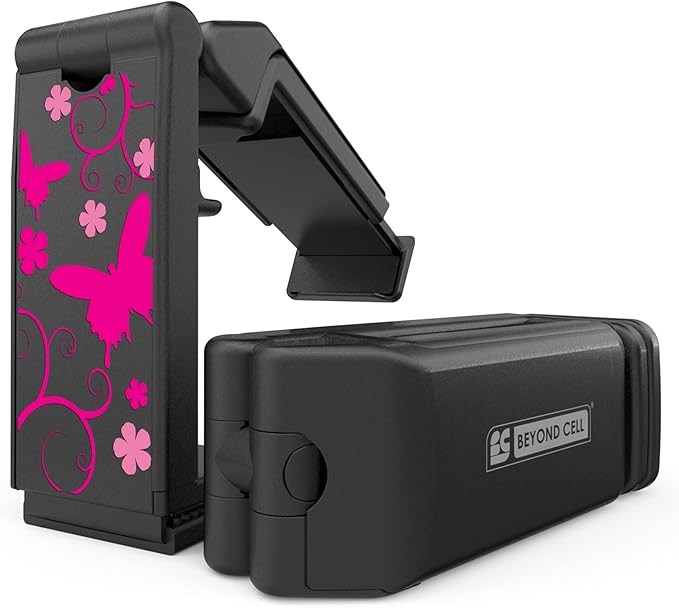 Beyond Cell Travel Accessories, Universal Seat Back Tray Table Hands Free Phone Clip Holder, Adjustable Pocket Size Airplane Travel Essentials Compatible with iPhone and Android (Pink Butterfly B)