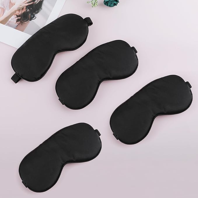 4 Pack Sleep Mask Silk Eye Mask for Sleeping, Mulberry Silk Eye Sleep Masks Shade Cover with Adjustable Strap, Satin Blindfold Blackout for Women Men, Reducing Puffy Traveling Glfts (Black)