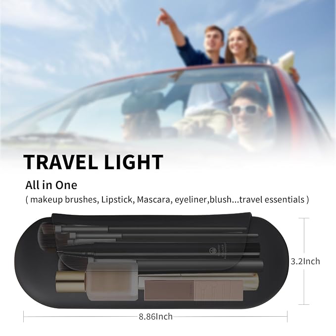 AGIKET Silicone Makeup Brush Holder Travel Cosmetic Bag：Soft Portable Cosmetic Face Brushes Holder with Upgrade Anti-Fall Out Magnetic Closure, Large Travel Makeup Brush Case - Black