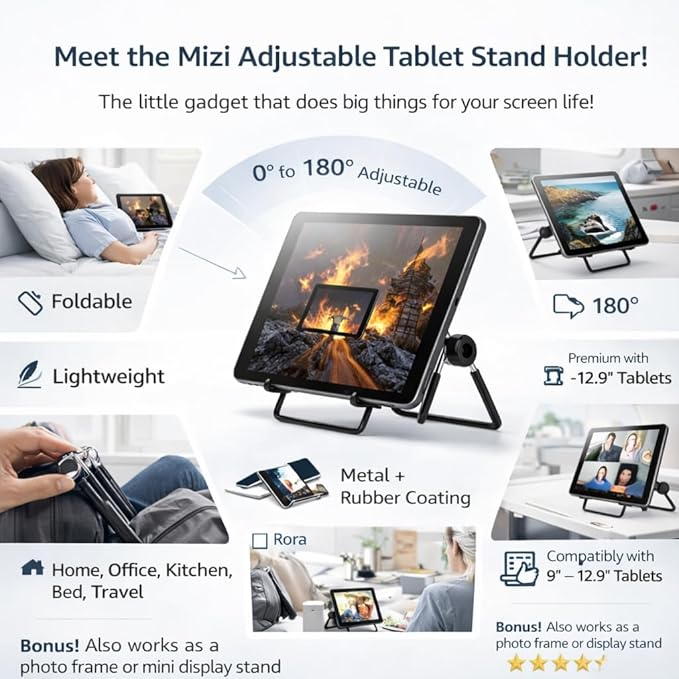 Mizi Adjustable Tablet Stand Holder – Foldable Non-Slip Desk Cradle for 9–12.9" Tablets, iPad, Samsung Galaxy Tab, Kindle Fire & More – Multi-Angle Display Stand for Tablets, Photos & Frames – Black